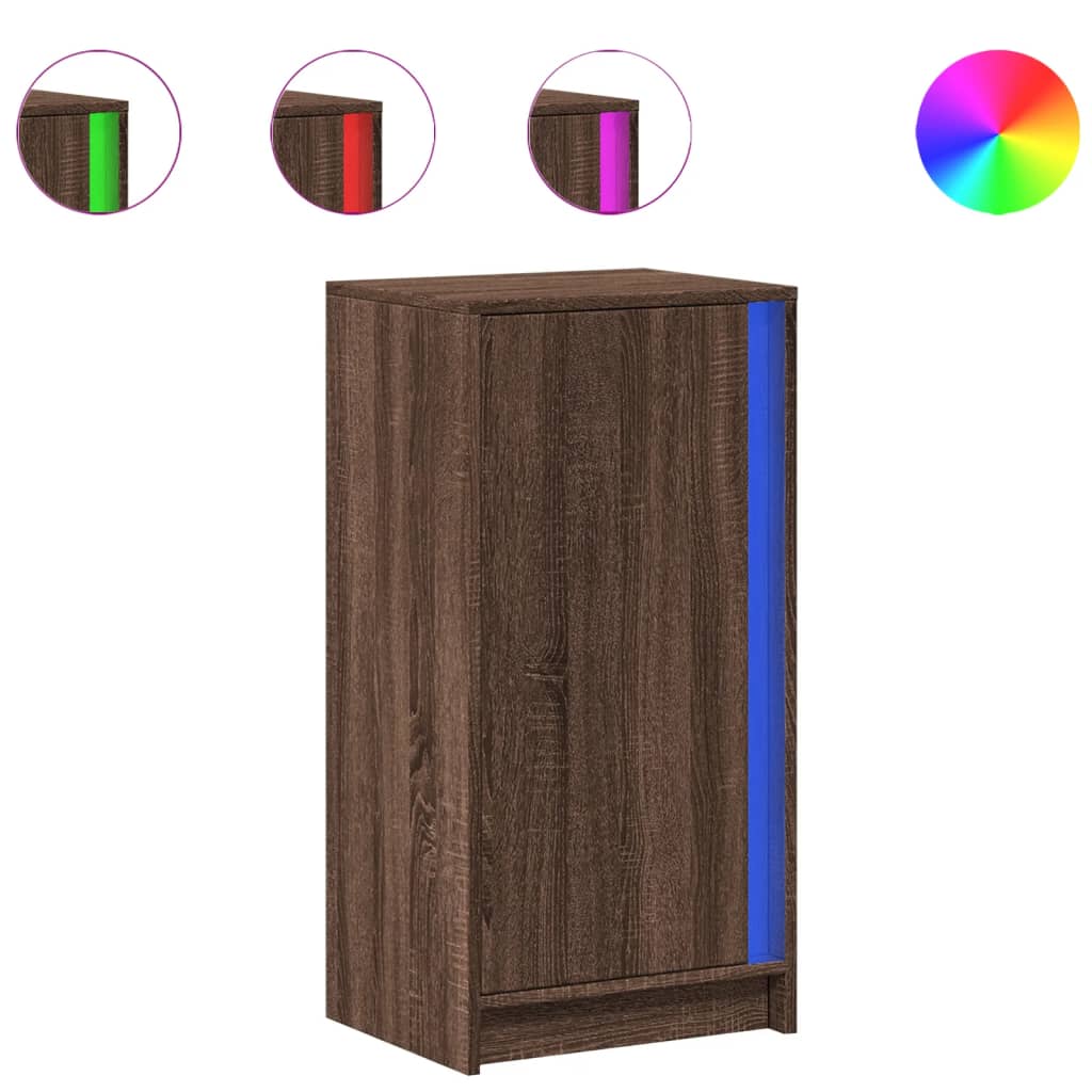 skab med LED-lys 42,5x34x85cm konstrueret træ brun egetræsfarve