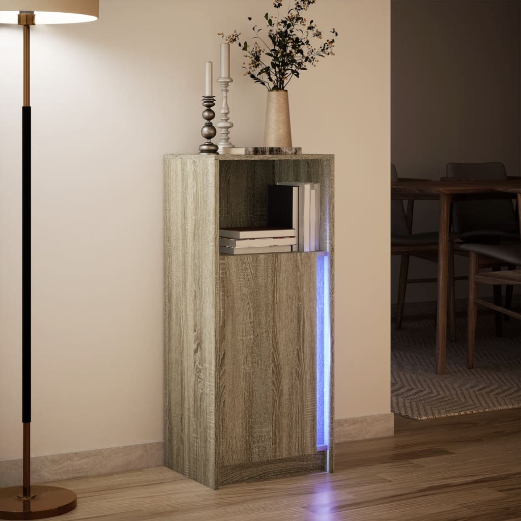 skab med LED-lys 42,5x34x100 cm konstrueret træ røget eg