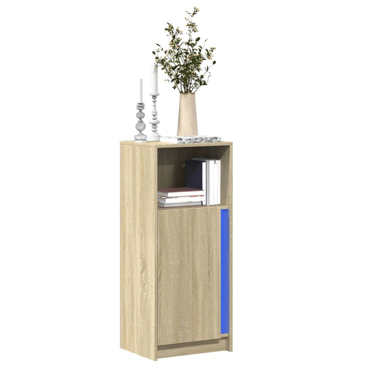 skab med LED-lys 42,5x34x100 cm konstrueret træ røget eg