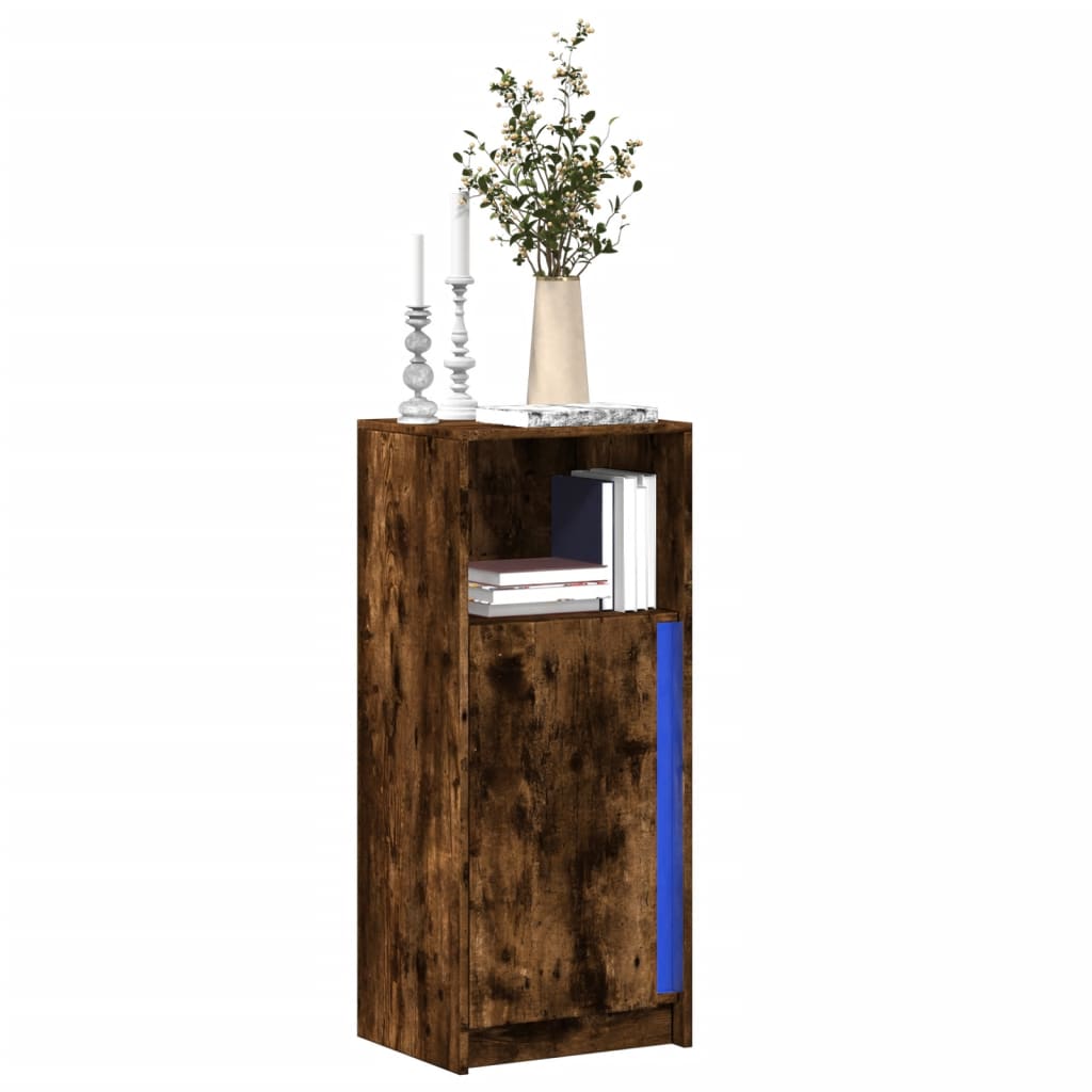 skab med LED-lys 42,5x34x100 cm konstrueret træ røget eg