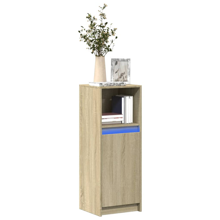 skab med LED-lys 38x34x100 cm konstrueret træ røget eg