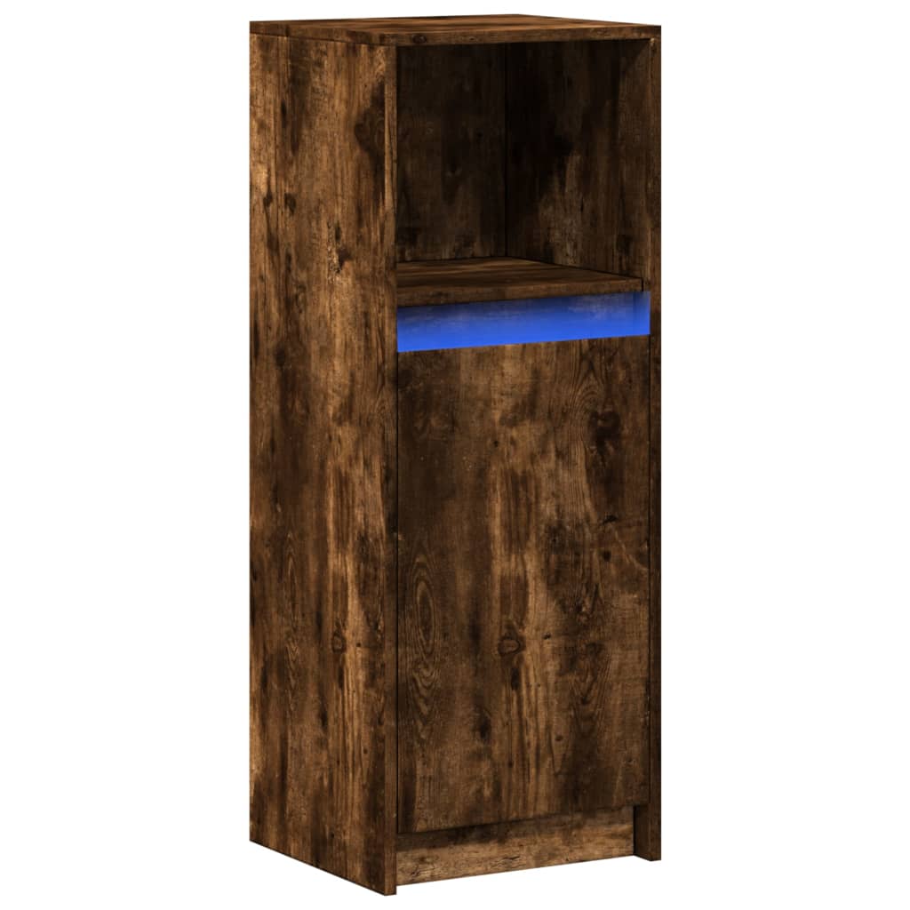 skab med LED 38x34x100 cm konstrueret træ røget egetræsfarve