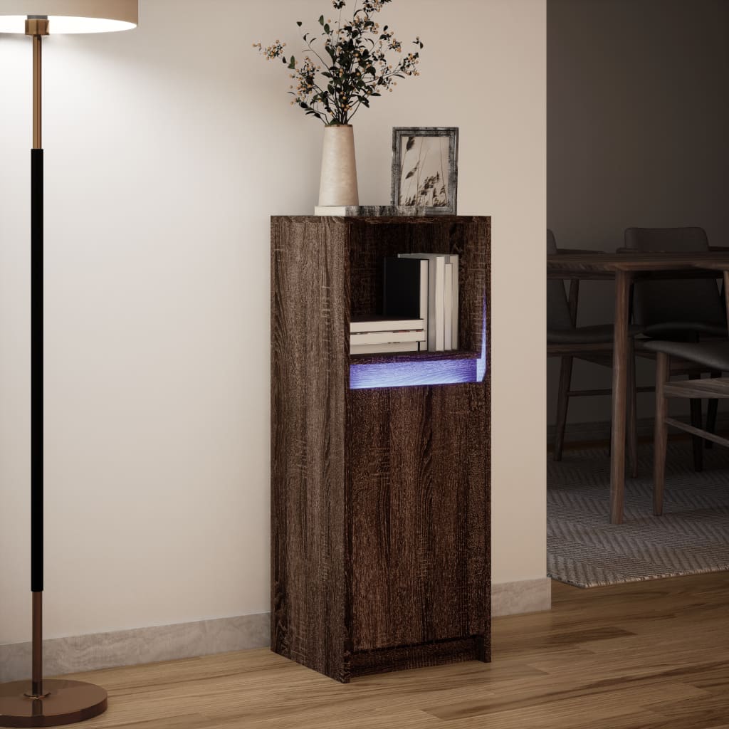 skab med LED 38x34x100 cm konstrueret træ brun egetræsfarve
