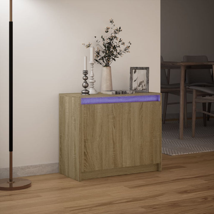 skab med LED-lys 72x34x61 cm konstrueret træ røget egetræsfarve