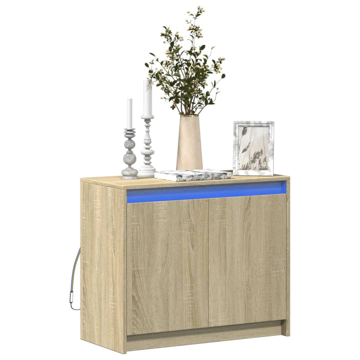 skab med LED-lys 72x34x61 cm konstrueret træ røget egetræsfarve