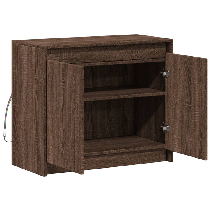 skab med LED-lys 72x34x61 cm konstrueret træ brun egetræsfarve