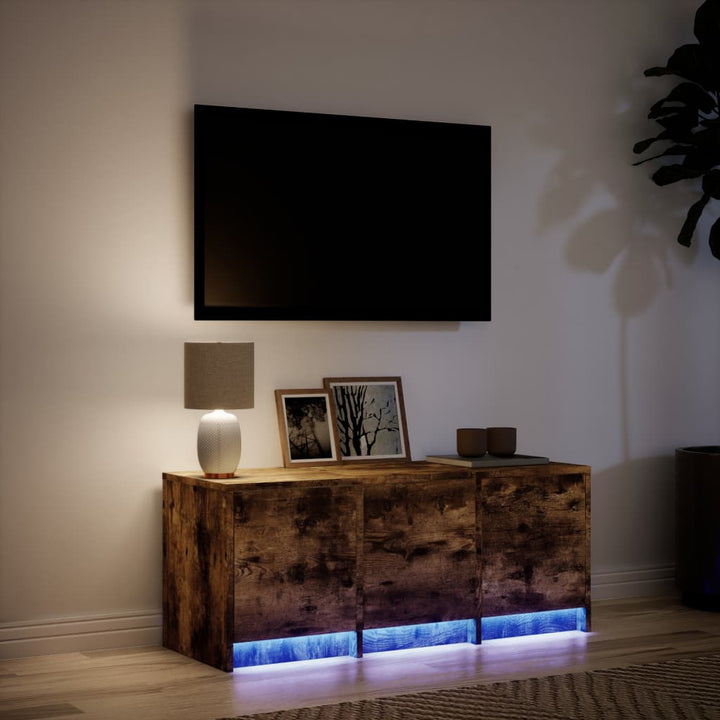 tv-bord m. LED-lys 97x34x40 cm konstrueret træ røget eg