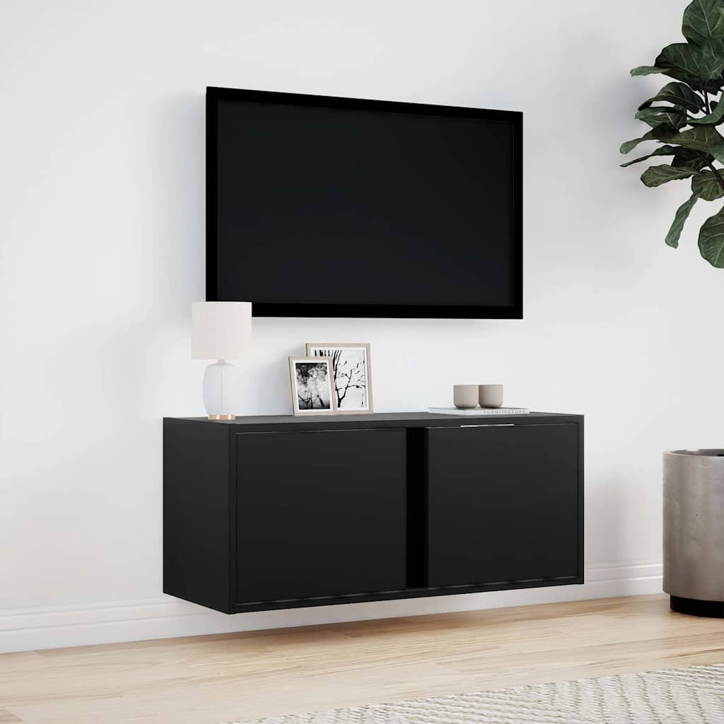 væghængt tv-bord med LED-lys 80x31x35 cm sort