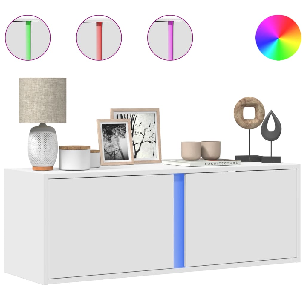 væghængt tv-bord med LED-lys 100x31x35 cm hvid
