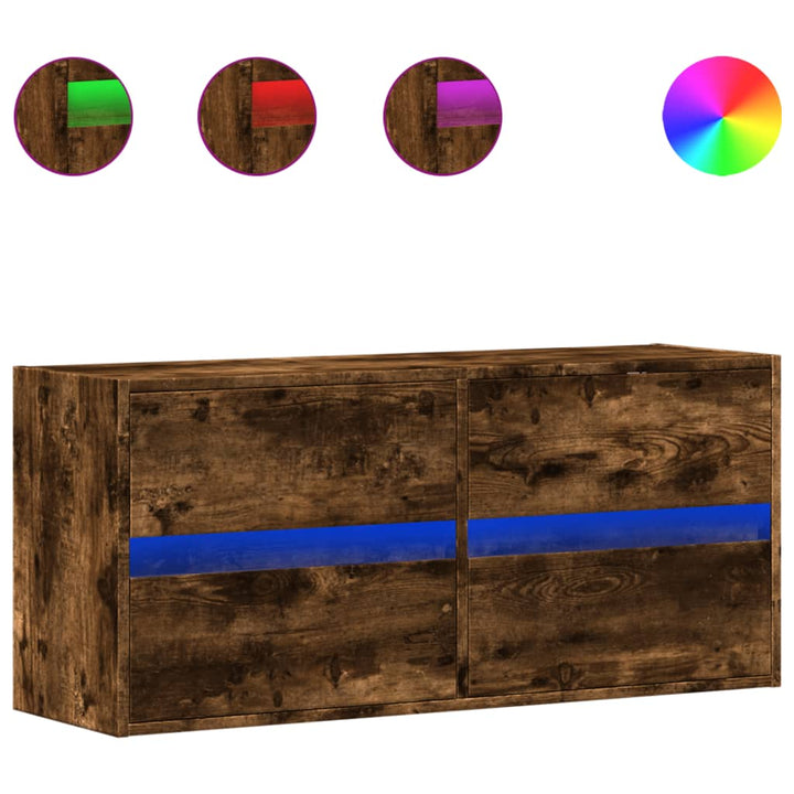 væghængt tv-bord med LED-lys 100x31x45 cm røget egetræsfarve