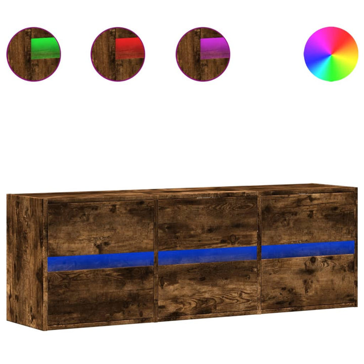 væghængt tv-bord med LED-lys 130x31x45 cm røget egetræsfarve