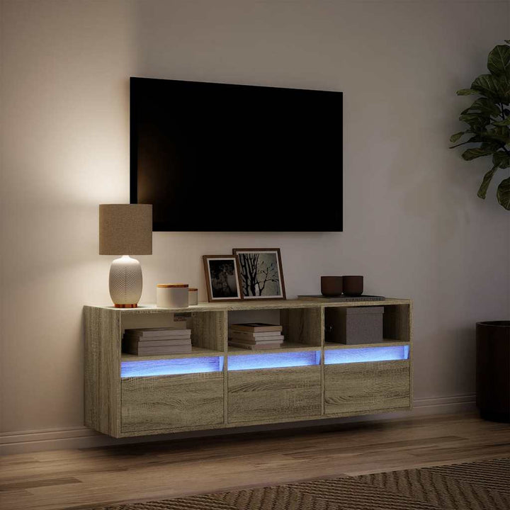 væghængt tv-bord med LED-lys 130x31x45 cm sonoma-eg