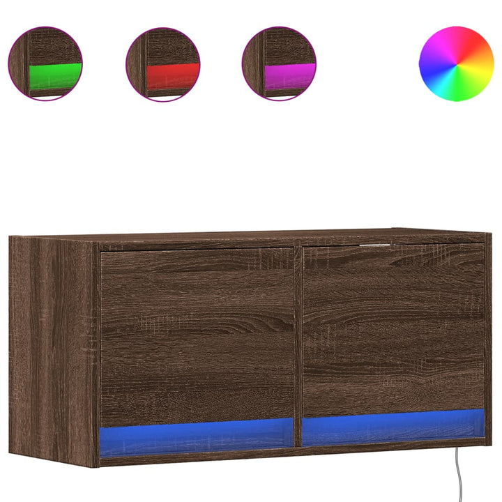 væghængt tv-bord med LED-lys 80x31x35 cm brun egetræsfarve