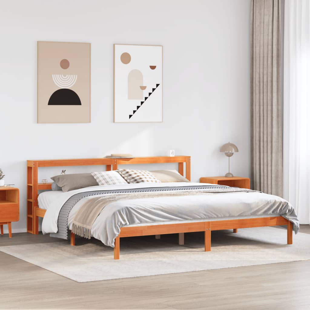 sengeramme med sengegavl 200x200 cm massivt fyrretræ gyldenbrun