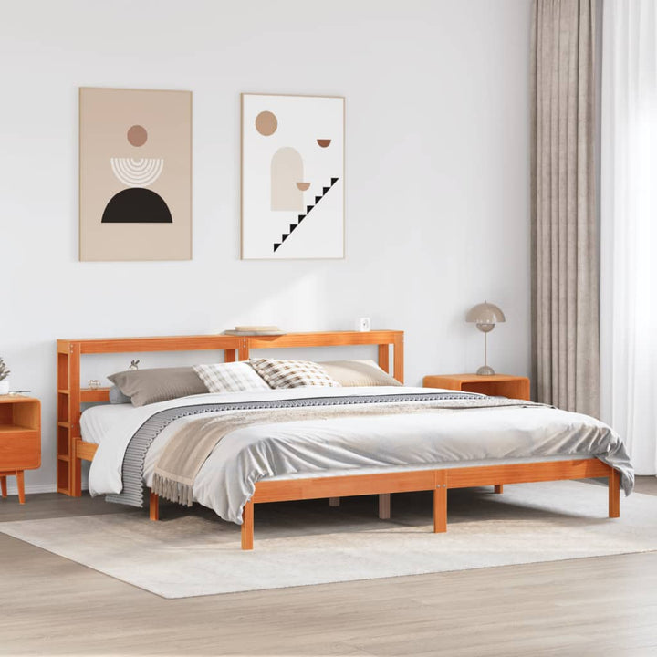 sengeramme med sengegavl 200x200 cm massivt fyrretræ gyldenbrun