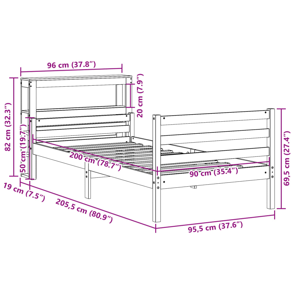 sengeramme med sengegavl 90x200 cm massivt fyrretræ