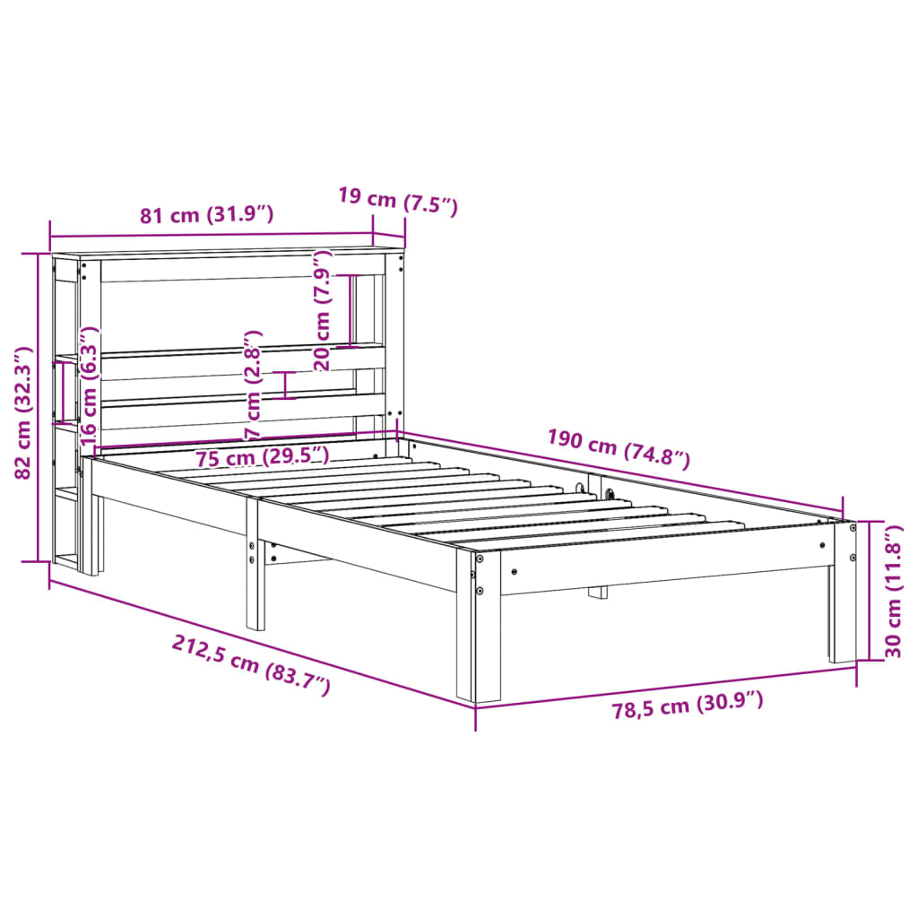 sengeramme uden madras 75x190 cm massivt fyrretræ gyldenbrun