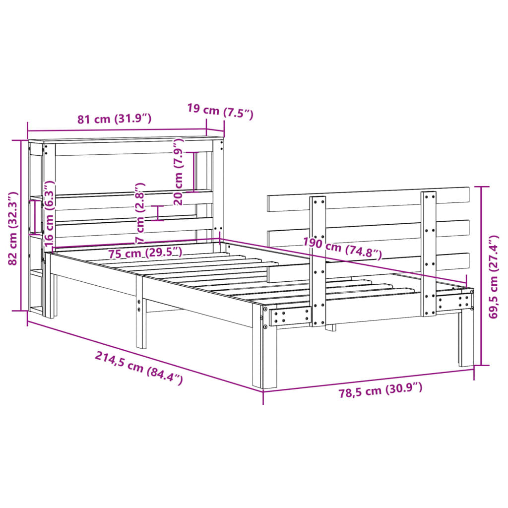 sengeramme med sengegavl 75x190 cm massivt fyrretræ
