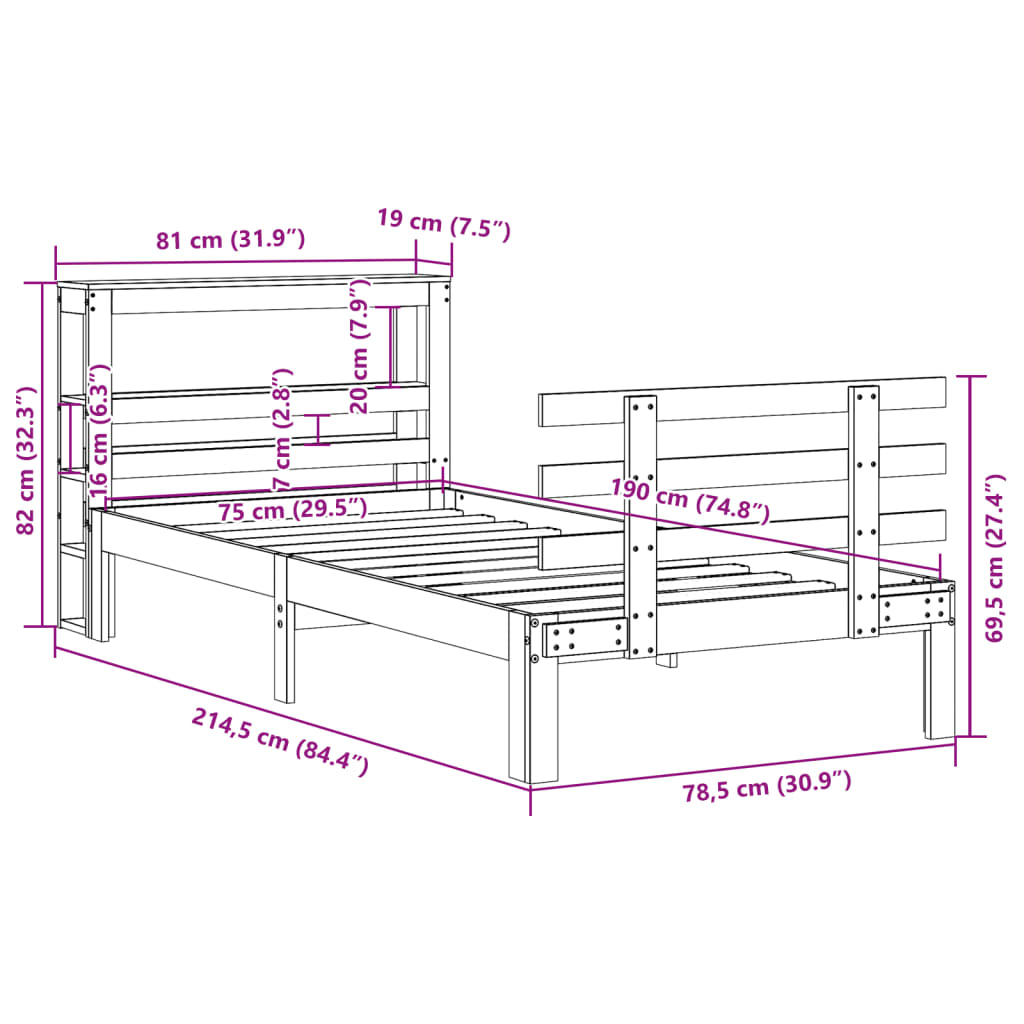 sengeramme med sengegavl 75x190 cm massivt fyrretræ hvid