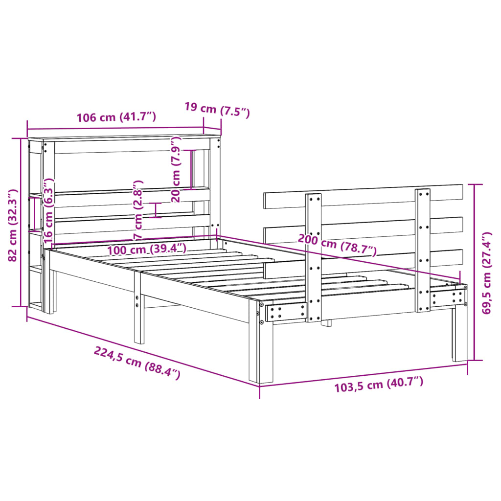 sengeramme med sengegavl 100x200 cm massivt fyrretræ