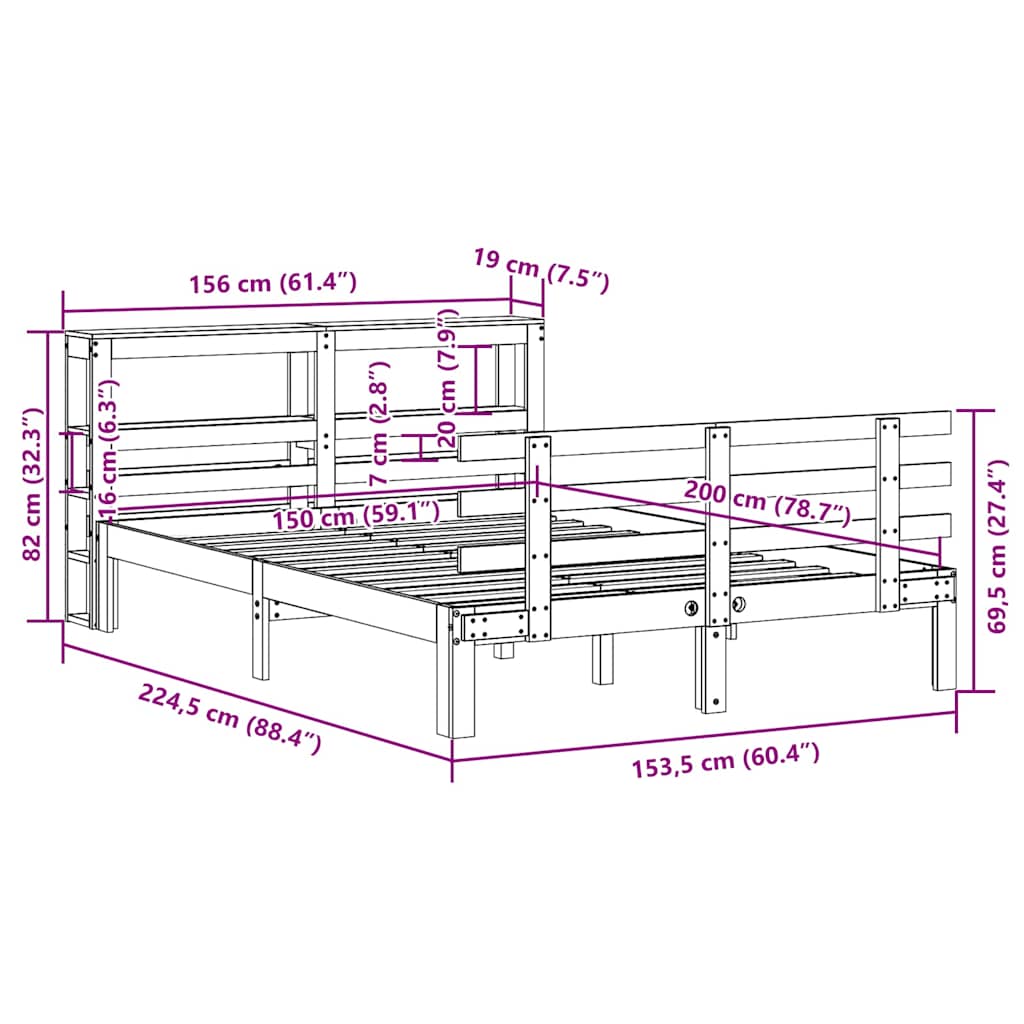 sengeramme med sengegavl 150x200 cm massivt fyrretræ