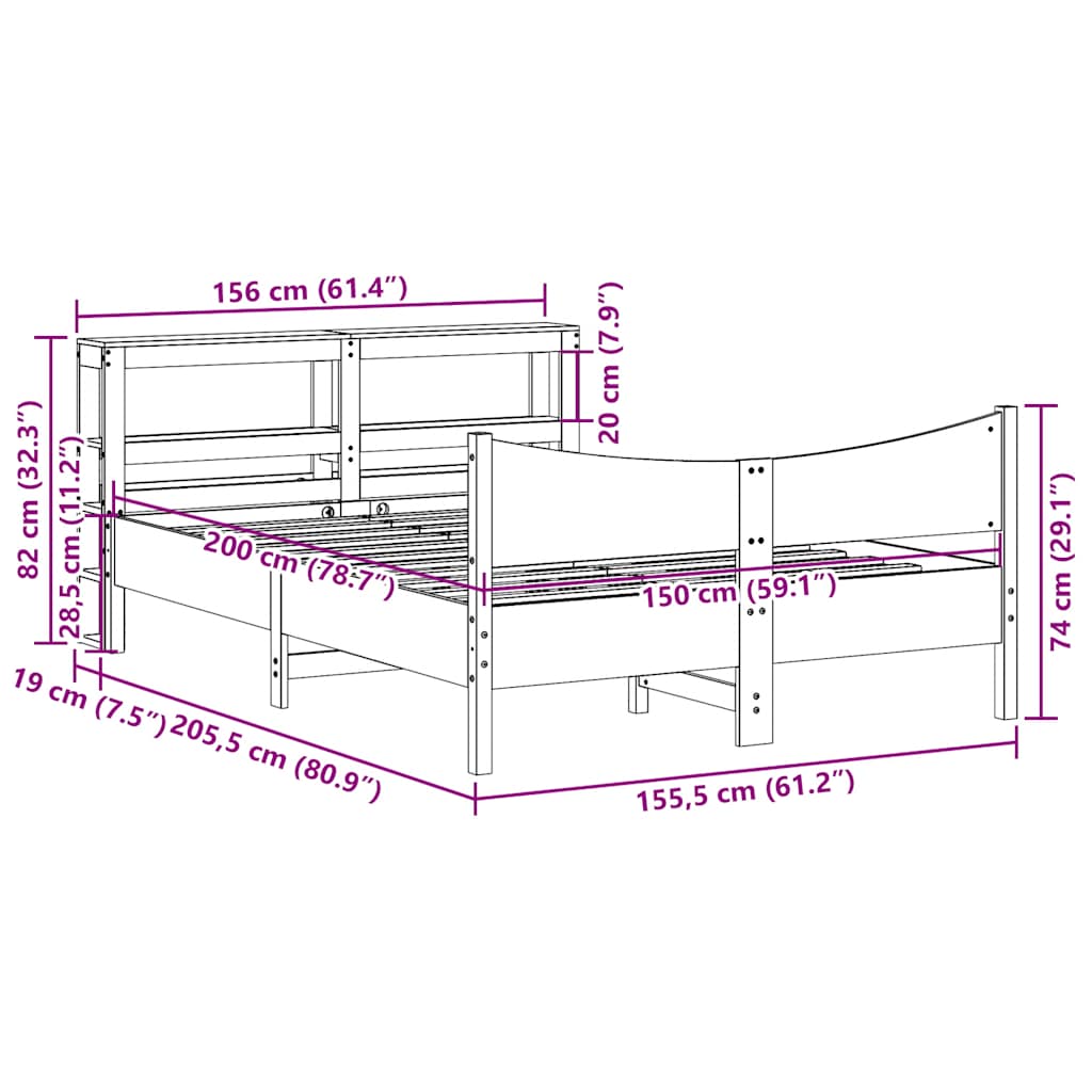 sengeramme med sengegavl 150x200 cm massivt fyrretræ gyldenbrun