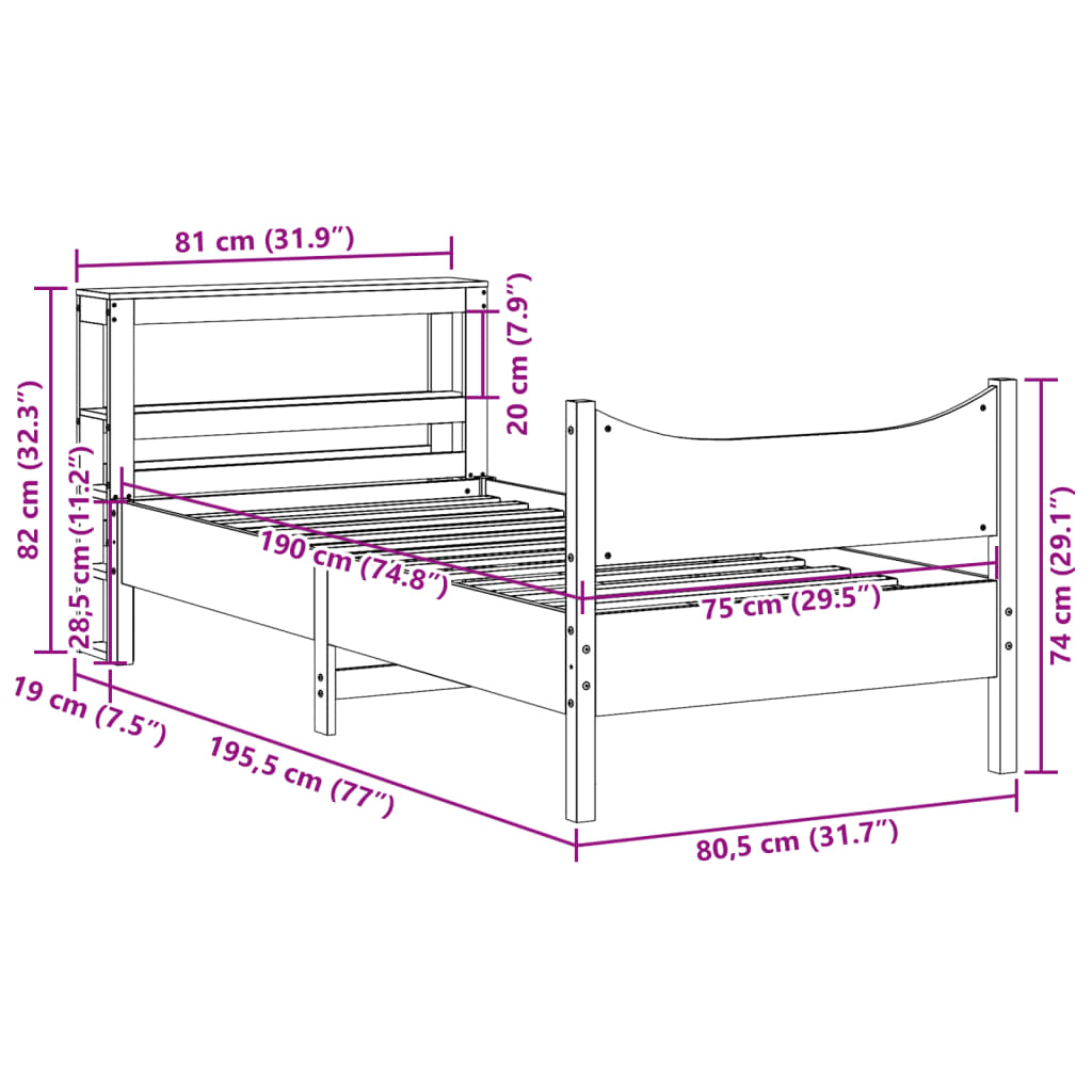 sengeramme med sengegavl 75x190 cm massivt fyrretræ
