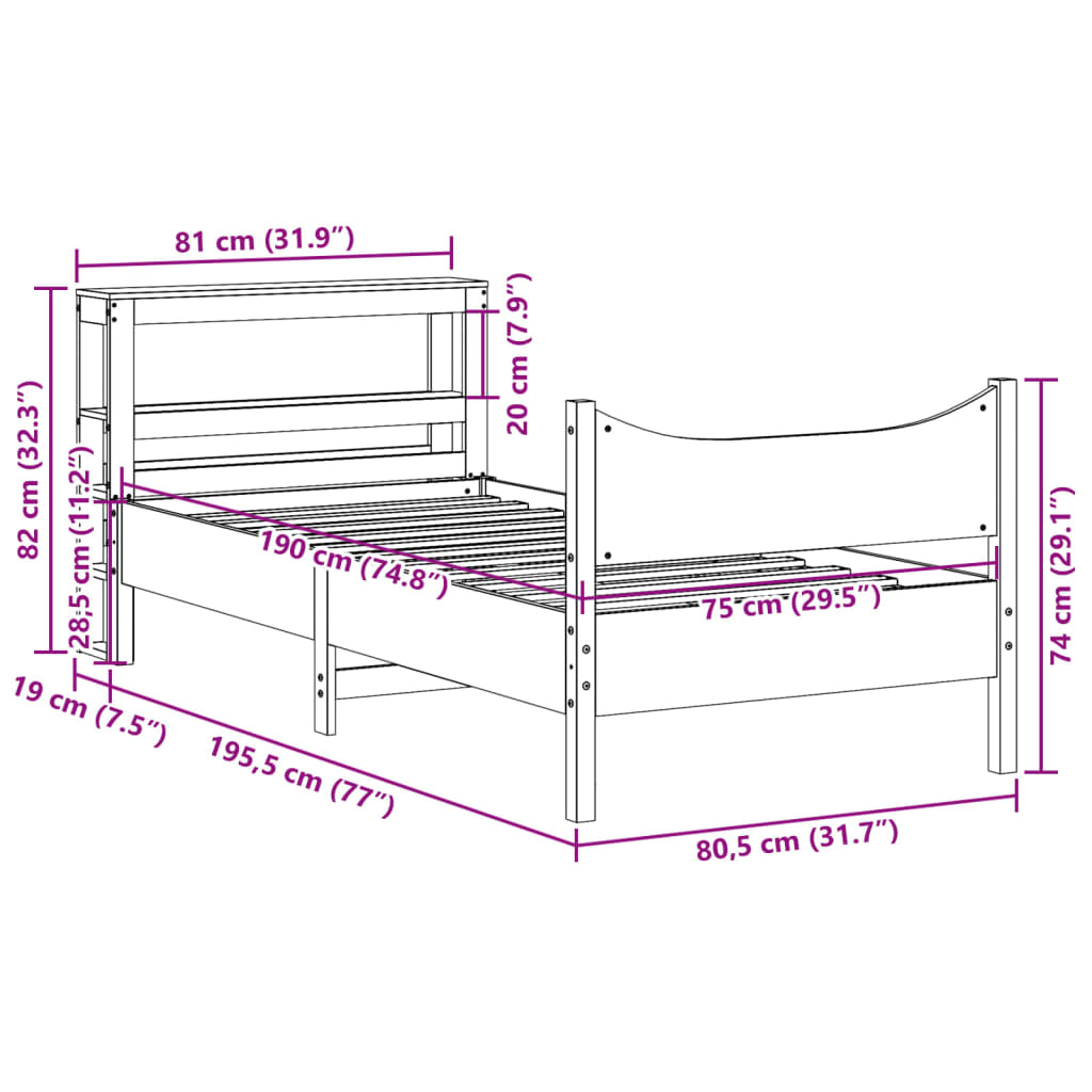 sengeramme med sengegavl 75x190 cm massivt fyrretræ hvid