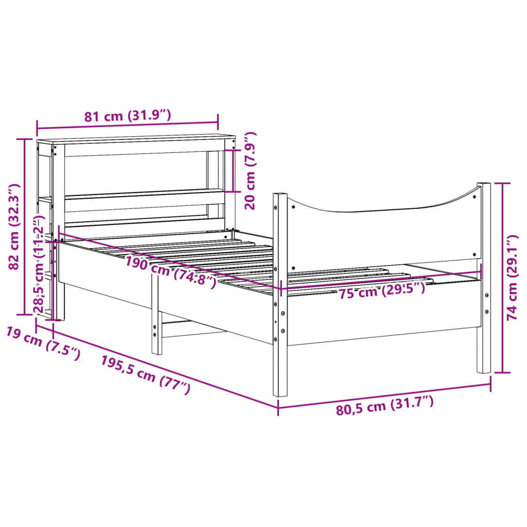sengeramme med sengegavl 75x190 cm massivt fyrretræ gyldenbrun