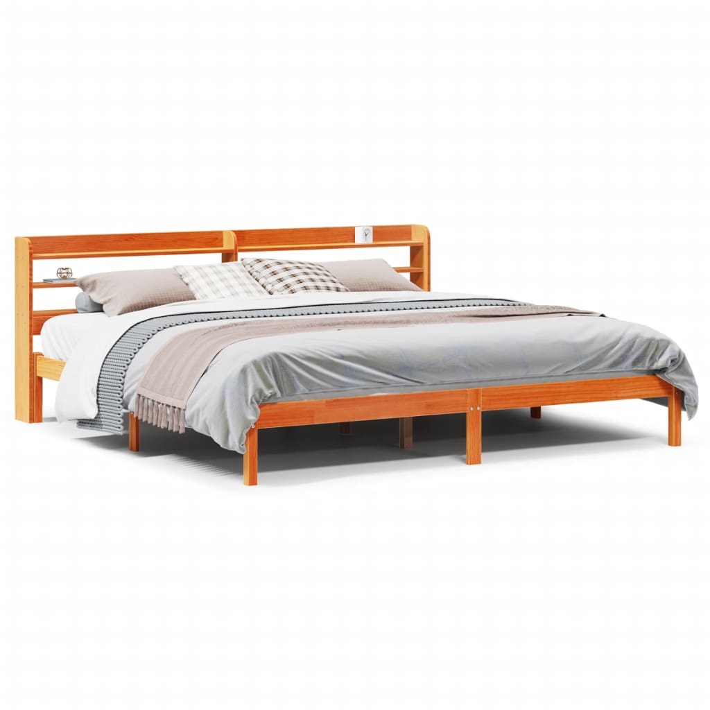 sengeramme med sengegavl 200x200 cm massivt fyrretræ gyldenbrun