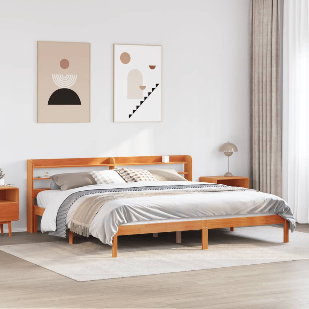 sengeramme med sengegavl 200x200 cm massivt fyrretræ gyldenbrun