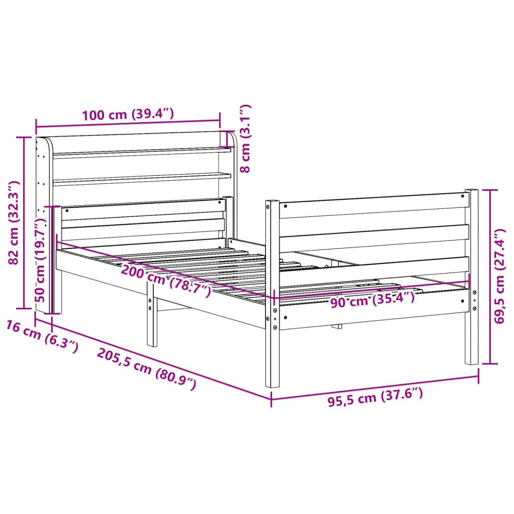 sengeramme med sengegavl 90x200 cm massivt fyrretræ