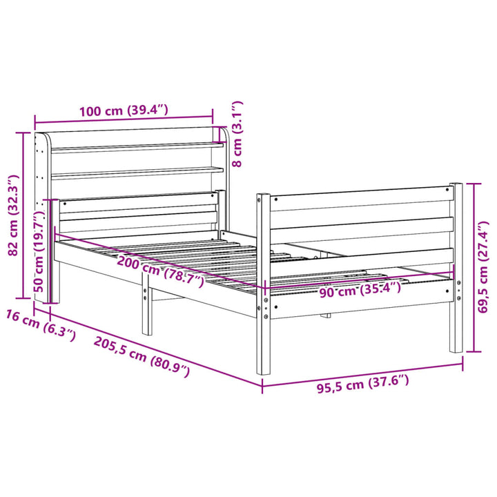 sengeramme med sengegavl 90x200 cm massivt fyrretræ