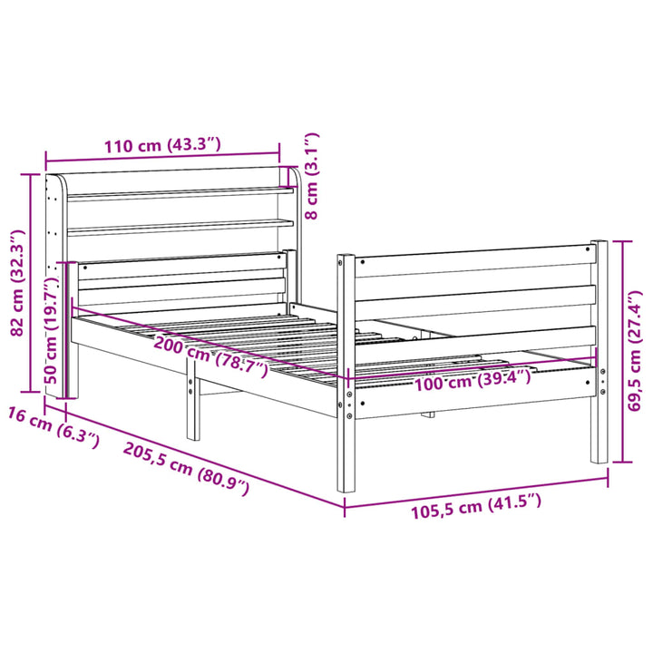 sengeramme med sengegavl 100x200 cm massivt fyrretræ