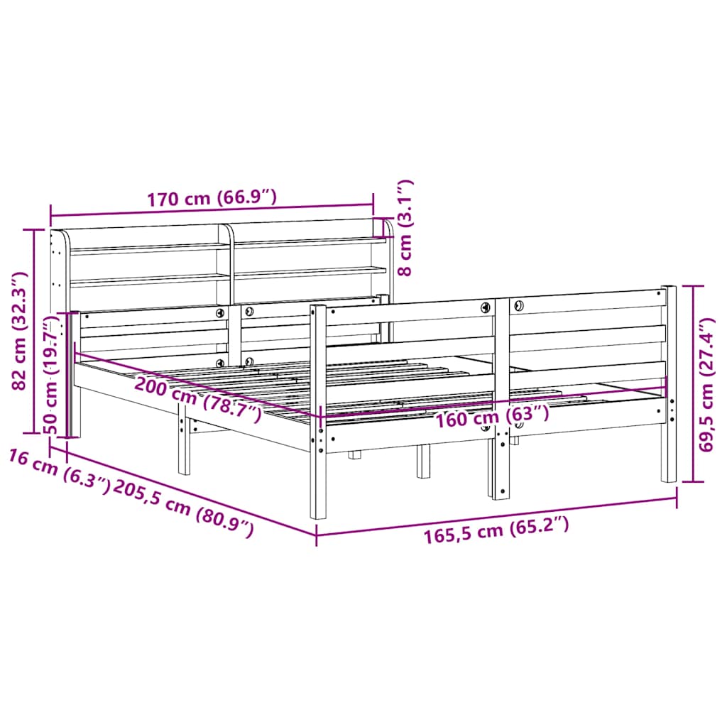 sengeramme med sengegavl 160x200 cm massivt fyrretræ