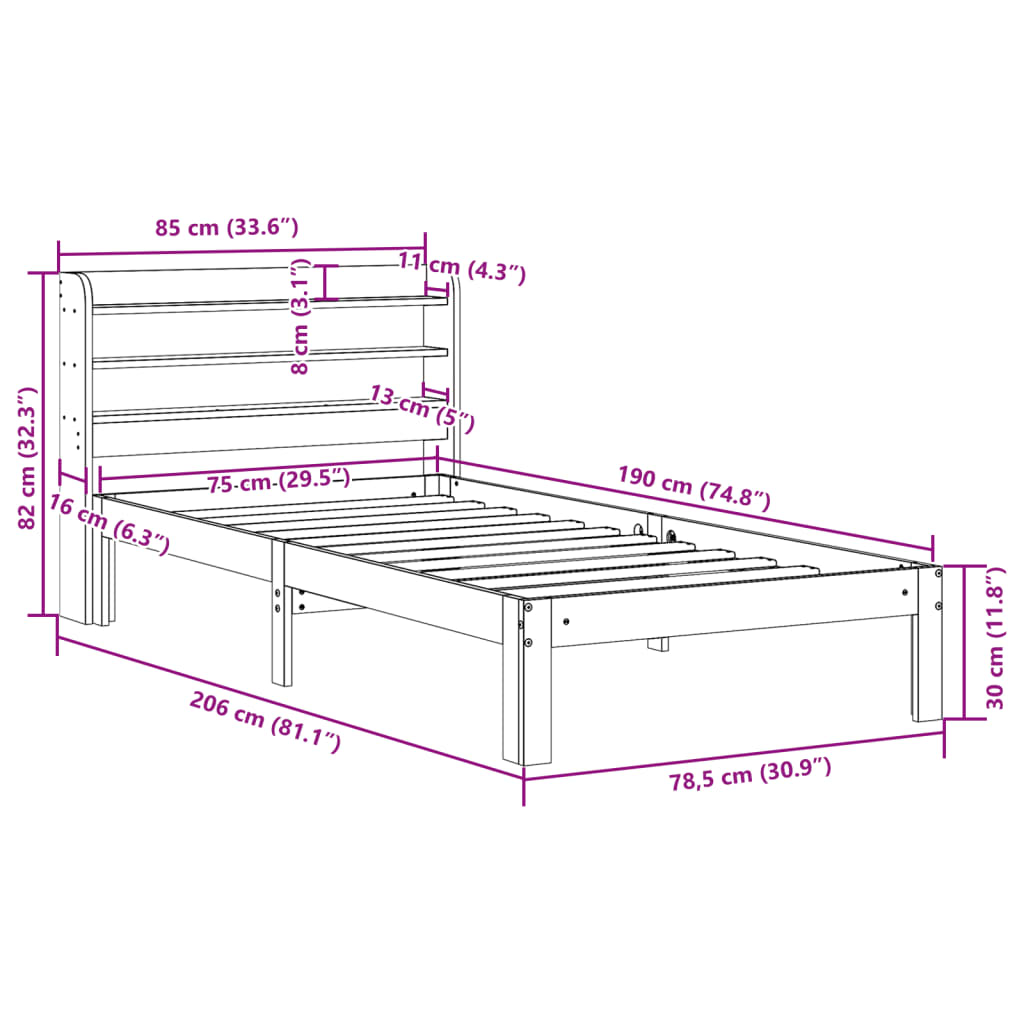 sengeramme med sengegavl 75x190 cm massivt fyrretræ hvid