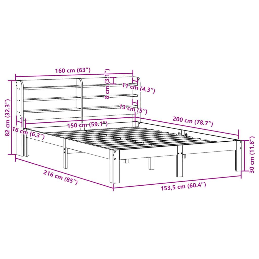 sengeramme med sengegavl 150x200 cm massivt fyrretræ