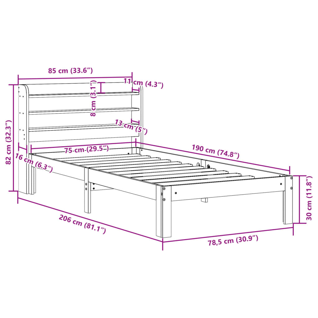 sengeramme uden madras 75x190 cm massivt fyrretræ gyldenbrun