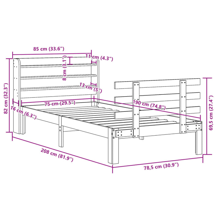 sengeramme med sengegavl 75x190 cm massivt fyrretræ hvid