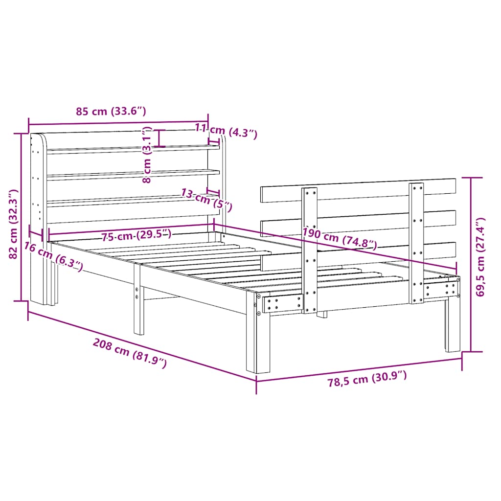 sengeramme med sengegavl 75x190 cm massivt fyrretræ hvid