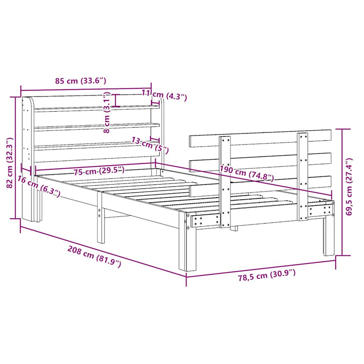 sengeramme med sengegavl 75x190 cm massivt fyrretræ hvid