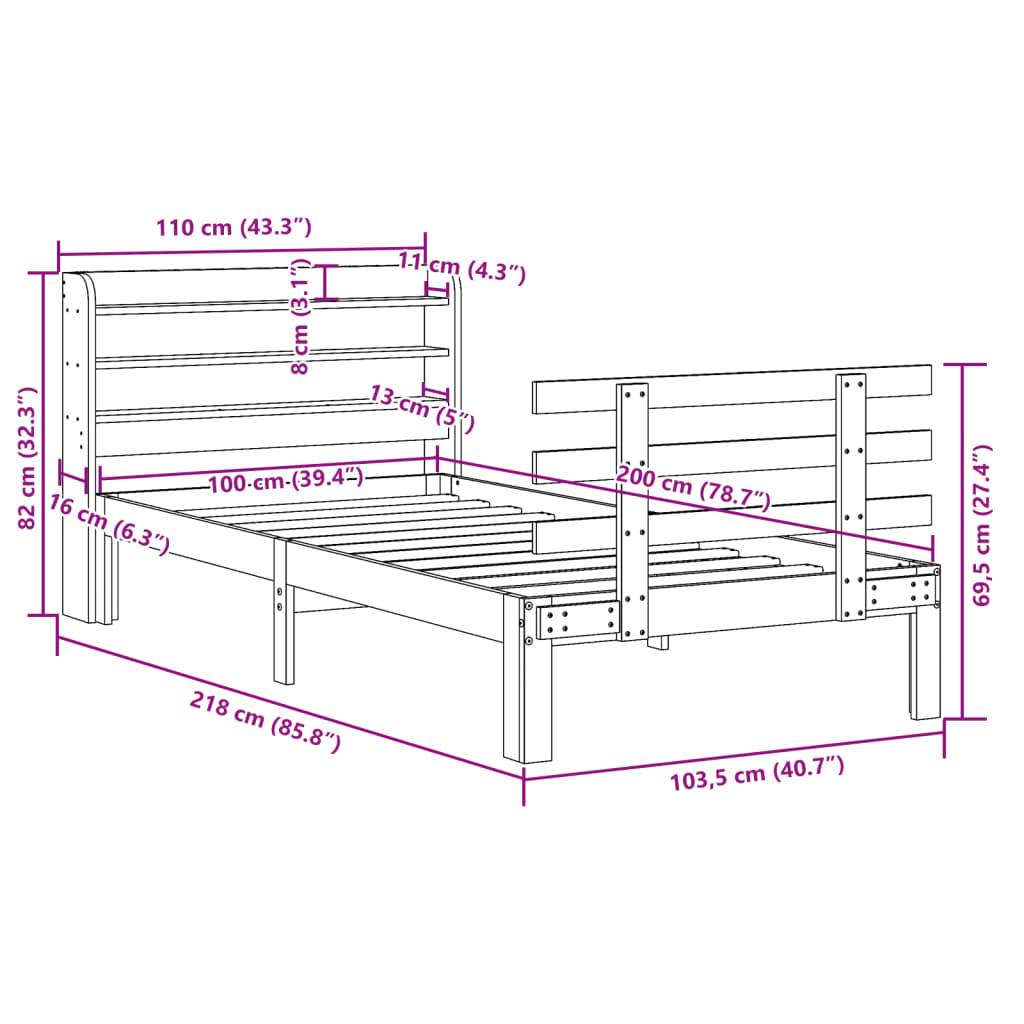 sengeramme med sengegavl 100x200 cm massivt fyrretræ gyldenbrun