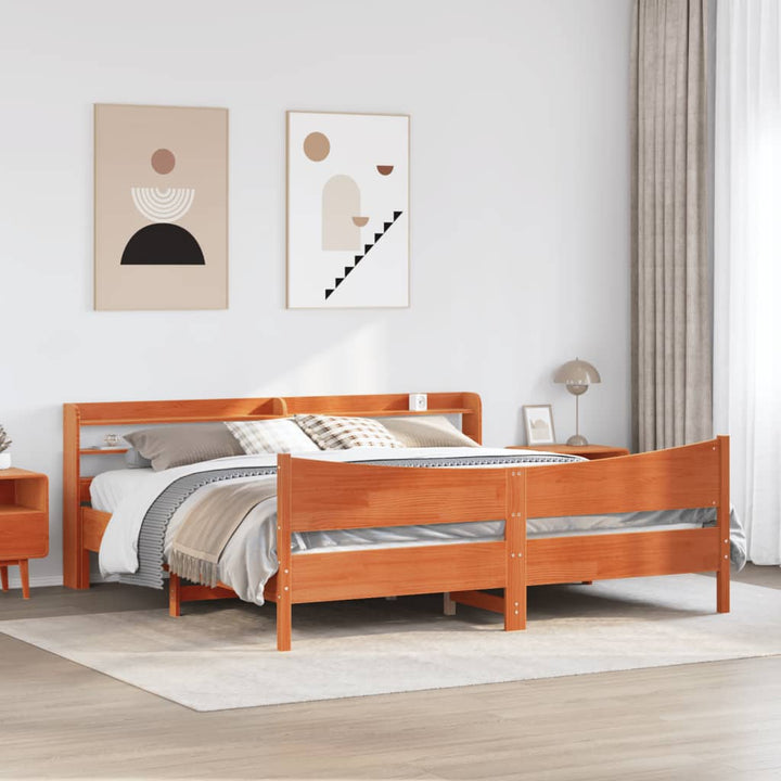 sengeramme med sengegavl 200x200 cm massivt fyrretræ gyldenbrun