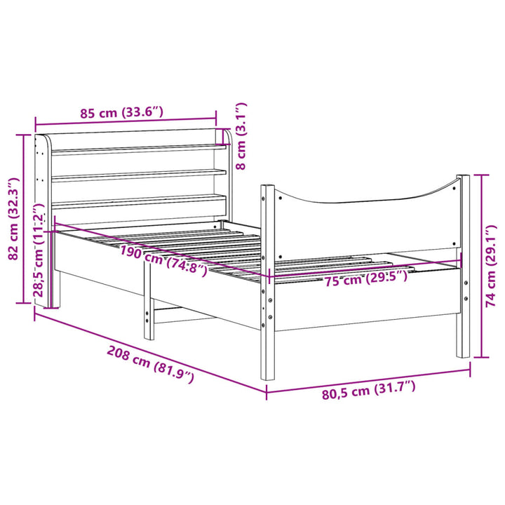 sengeramme med sengegavl 75x190 cm massivt fyrretræ