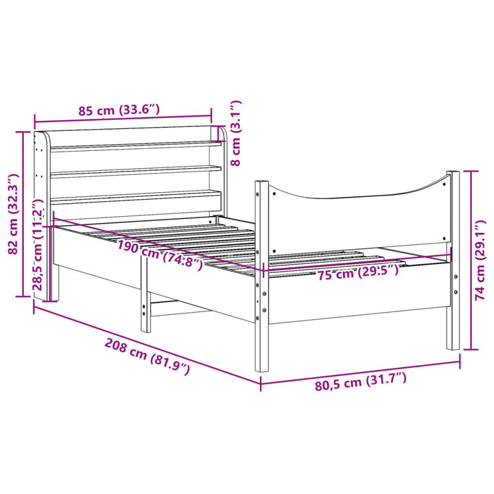 sengeramme med sengegavl 75x190 cm massivt fyrretræ gyldenbrun