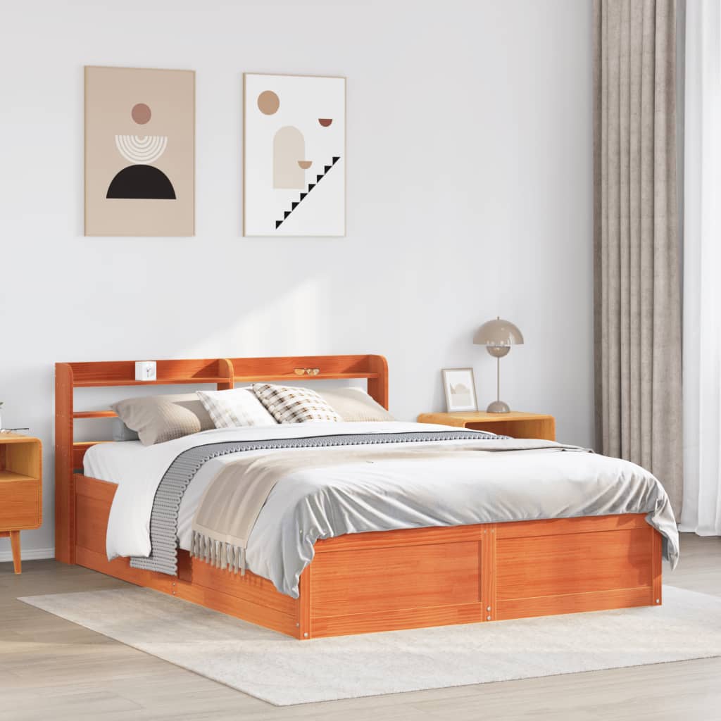 sengeramme med sengegavl 135x190 cm massivt fyrretræ gyldenbrun