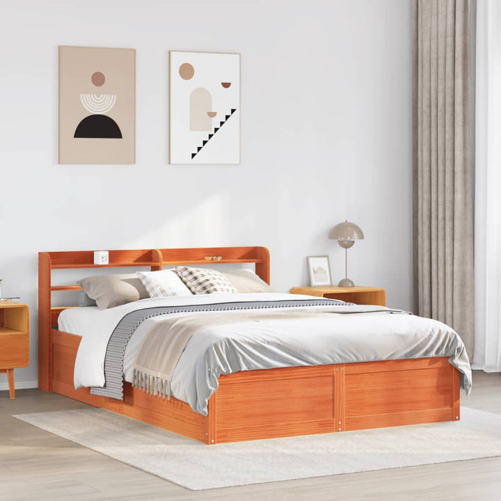 sengeramme med sengegavl 135x190 cm massivt fyrretræ gyldenbrun