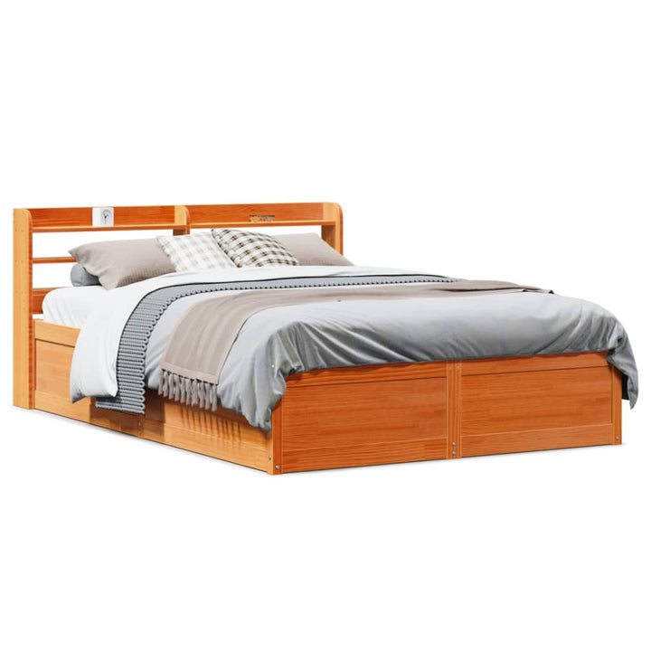 sengeramme med sengegavl 135x190 cm massivt fyrretræ gyldenbrun