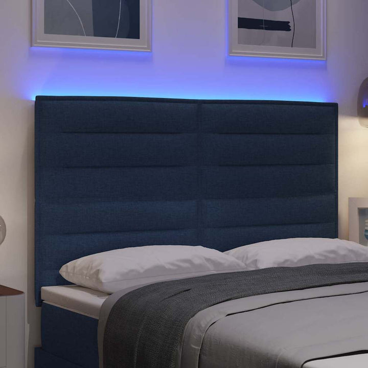 LED sengegavl med LED-lysstrimler Blå 160 cm Stof