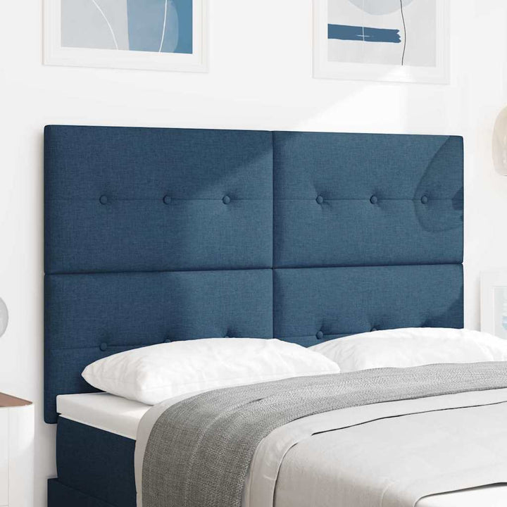 LED sengegavl med LED-lysstrimler Blå 144 cm Stof